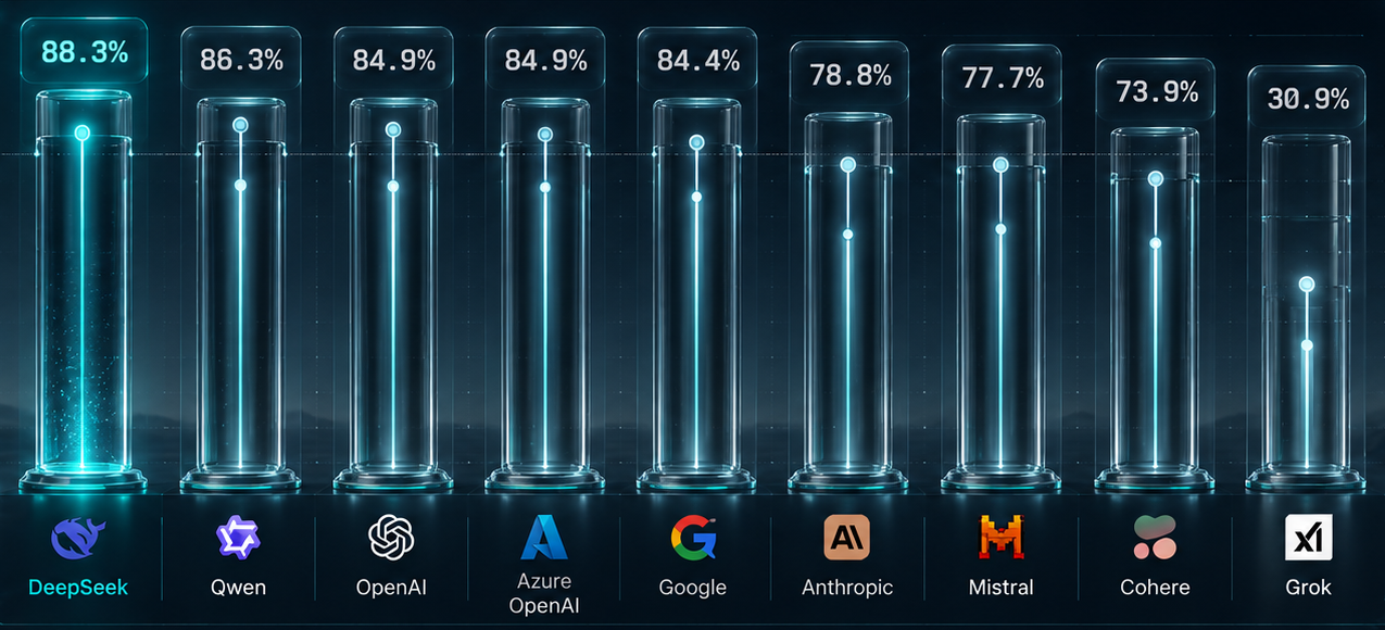 Verified Cost Savings benchmark showing DeepSeek 88.3%, Qwen 86.3%, OpenAI 84.9%, Azure OpenAI 84.9%, Google 84.4%, Anthropic 78.8%, Mistral 77.7%, Cohere 73.9%, and Grok 30.9%.